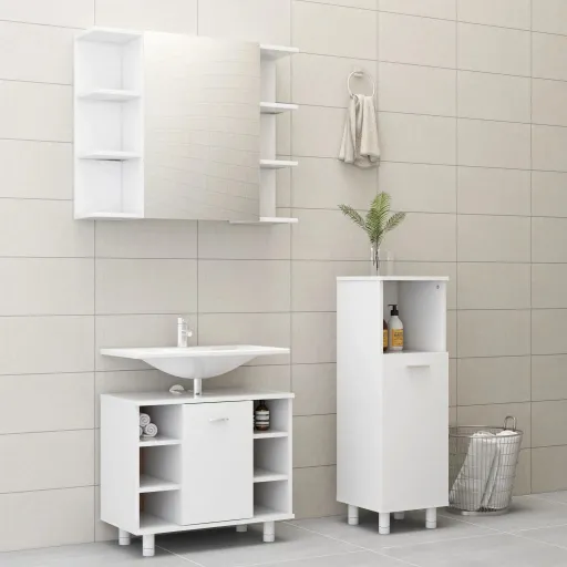 Conjunto de Móveis de Casa de Banho Contraplacado Branco (3 pcs)