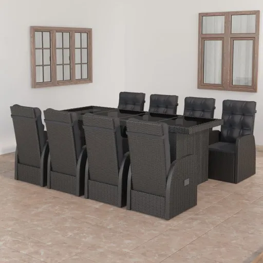 Conjunto Jantar Exterior com Almofadões Vime PE Preto (9 pcs)