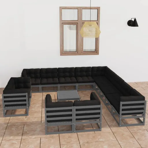 Conjunto Lounge de Jardim + Almofadões Pinho Maciço Cinza (14 pcs)