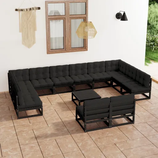 Conjunto Longue Jardim c/ Almofadões Pinho Maciço Preto (13 pcs)