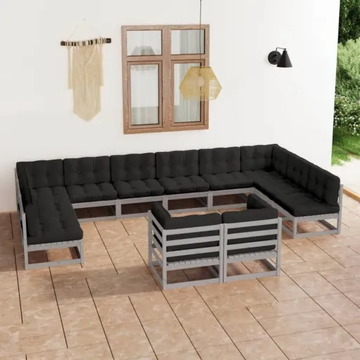 Conjunto Lounge de Jardim + Almofadões Pinho Maciço Cinza (12 pcs)