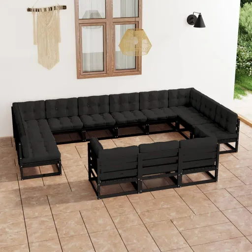 Conjunto Longue Jardim c/ Almofadões Pinho Maciço Preto (13 pcs)