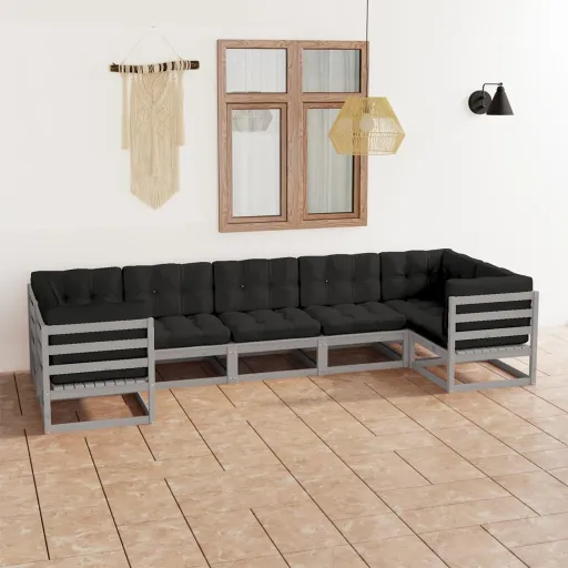 Conjunto Lounge de Jardim c/ Almofadões Pinho Maciço Cinza (7 pcs)