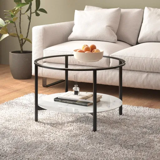 Mesa de Centro 70 cm Vidro Temperado Preto e Branco Mármore