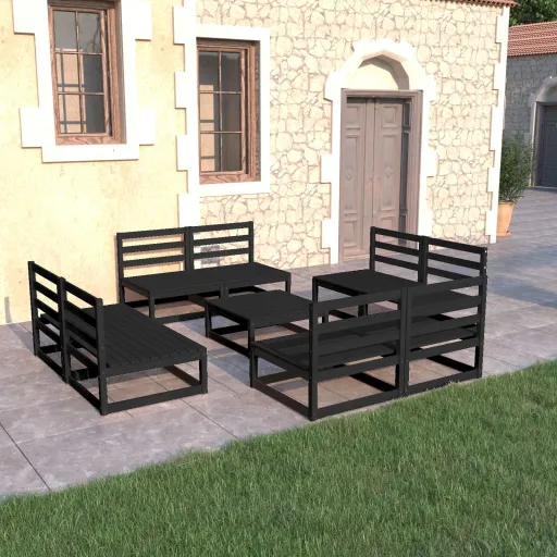 Conjunto Lounge de Jardim Pinho Maciço Preto (9 pcs)