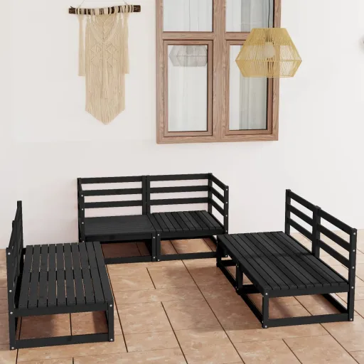 Conjunto Lounge de Jardim Pinho Maciço Preto (6 pcs)