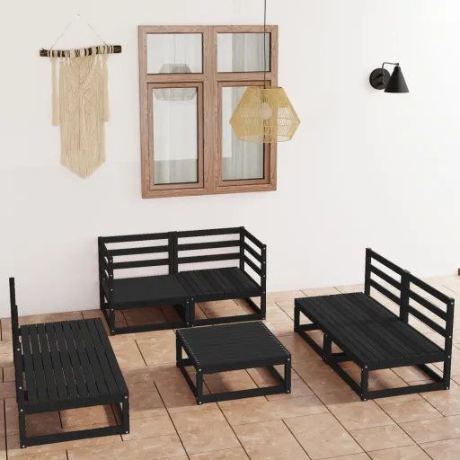 Conjunto Lounge de Jardim Pinho Maciço Preto (7 pcs)