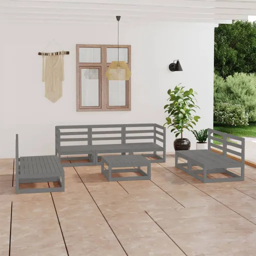 Conjunto Lounge de Jardim Pinho Maciço Cinzento (8 pcs)