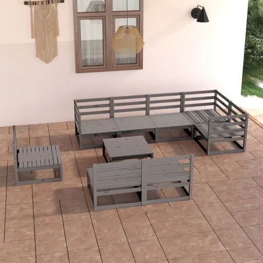 Conjunto Lounge de Jardim Pinho Maciço Cinzento (9 pcs)