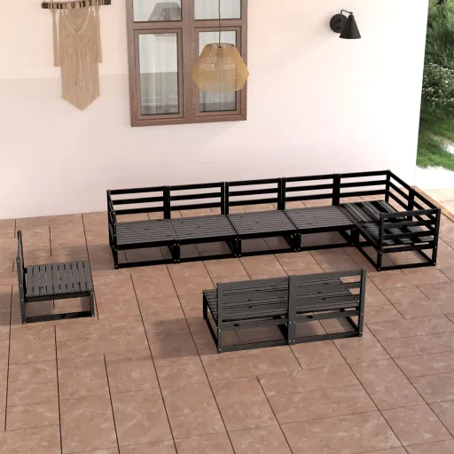 Conjunto Lounge de Jardim Pinho Maciço Preto (9 pcs)