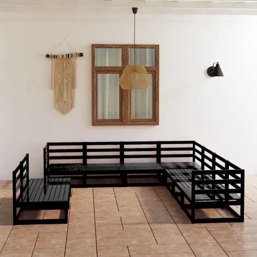 Conjunto Lounge de Jardim Pinho Maciço Preto (9 pcs)