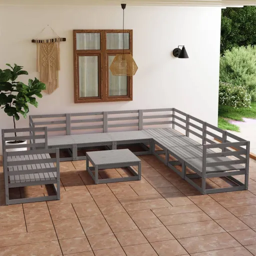 Conjunto Lounge de Jardim Pinho Maciço Cinzento (10 pcs)