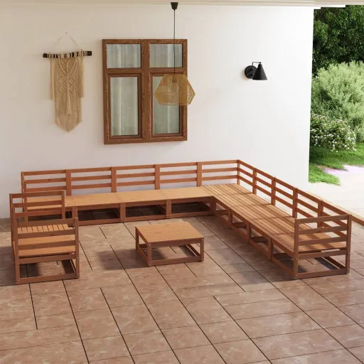 Conjunto Lounge de Jardim Pinho Maciço Castanho Mel (12 pcs)