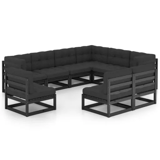 Conjunto Longue de Jardim c/ Almofadões Pinho Maciço Preto (9 pcs)