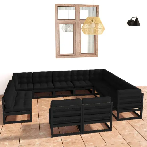 Conjunto Longue Jardim c/ Almofadões Pinho Maciço Preto (12 pcs)