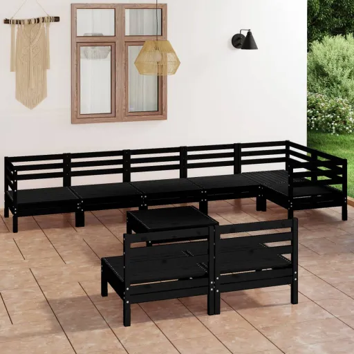 Conjunto Lounge de Jardim Pinho Maciço Preto (9 pcs)