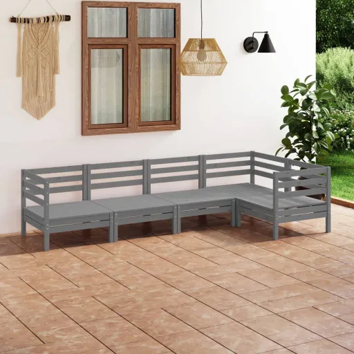 Conjunto Lounge de Jardim Pinho Maciço Cinzento (5 pcs)