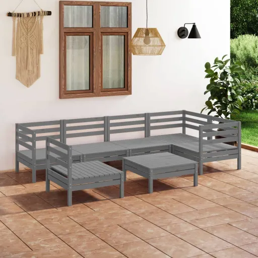 Conjunto Lounge de Jardim Pinho Maciço Cinzento (7 pcs)