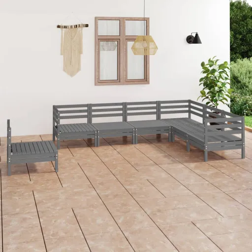 Conjunto Lounge de Jardim Pinho Maciço Cinzento (7 pcs)