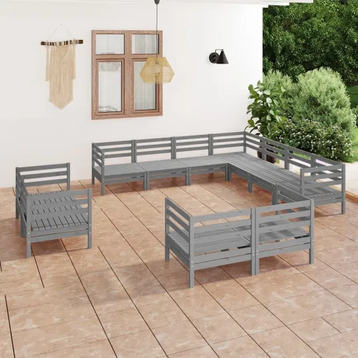 Conjunto Lounge de Jardim Pinho Maciço Cinzento (11 pcs)