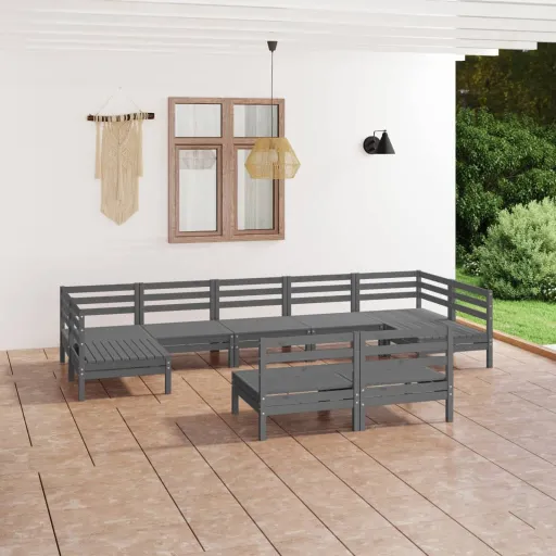 Conjunto Lounge de Jardim Pinho Maciço Cinzento (9 pcs)