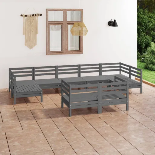 Conjunto Lounge de Jardim Pinho Maciço Cinzento (9 pcs)