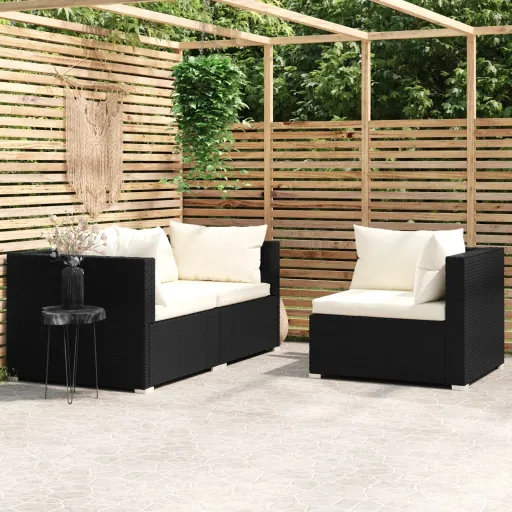 Conjunto Lounge de Jardim c/ Almofadões Vime PE Preto (3 pcs)