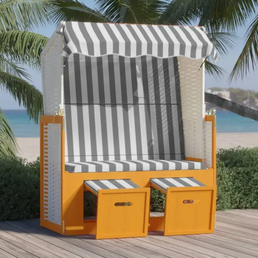 Strandkorb com Toldo Vime PE e Madeira Maciça Branco e Cinzento