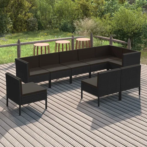 Conjunto Lounge de Jardim c/ Almofadões Vime PE Preto (9 pcs)