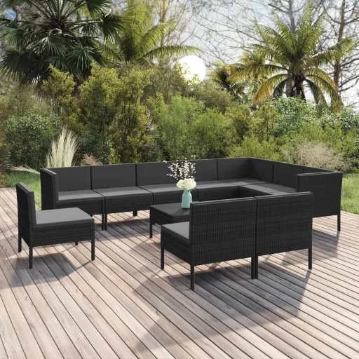 Conjunto Lounge de Jardim c/ Almofadões Vime PE Preto (11 pcs)