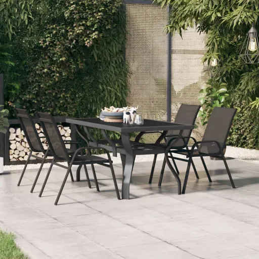 Mesa de Jardim 140x70x70 cm Aço e Vidro Cinza/Preto