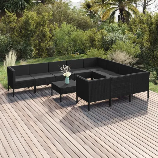 Conjunto Lounge de Jardim c/ Almofadões Vime PE Preto (11 pcs)