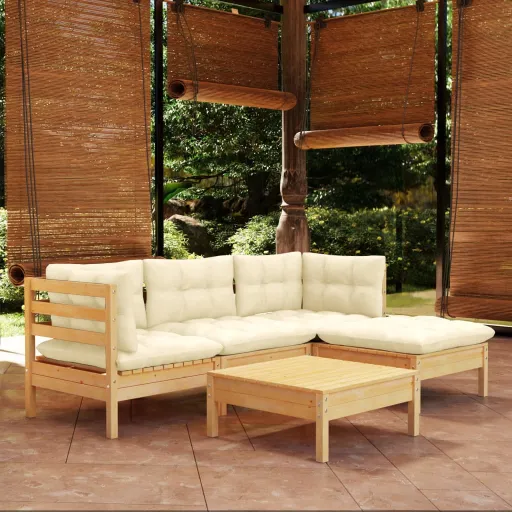 Conjunto Lounge Jardim c/ Almofadões Cor Creme Pinho (5 pcs)