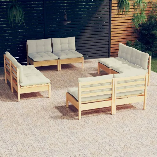 Conjunto Lounge Jardim c/ Almofadões Cor Creme Pinho (8 pcs)