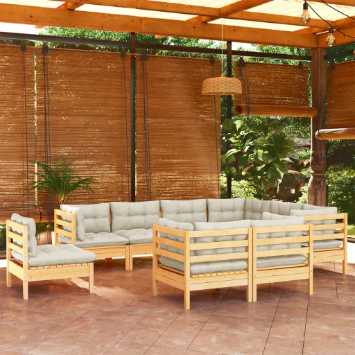 Conjunto Lounge Jardim c/ Almofadões Creme Pinho Maciço (9 pcs)