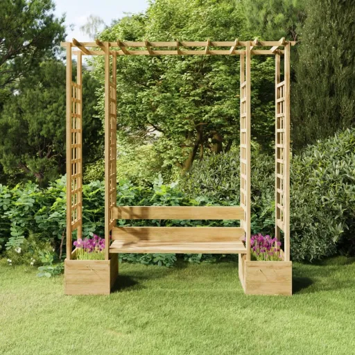 Pérgula de Jardim com Banco e Vasos Pinho Maciço Impregnado