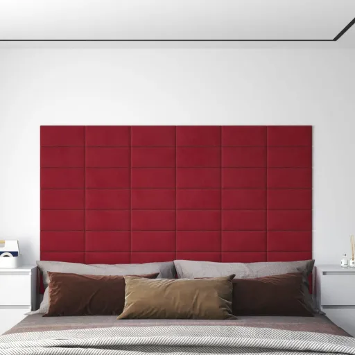 Painel de Parede   30x15 cm Veludo 0,54 m² Vermelho Tinto (12 pcs)