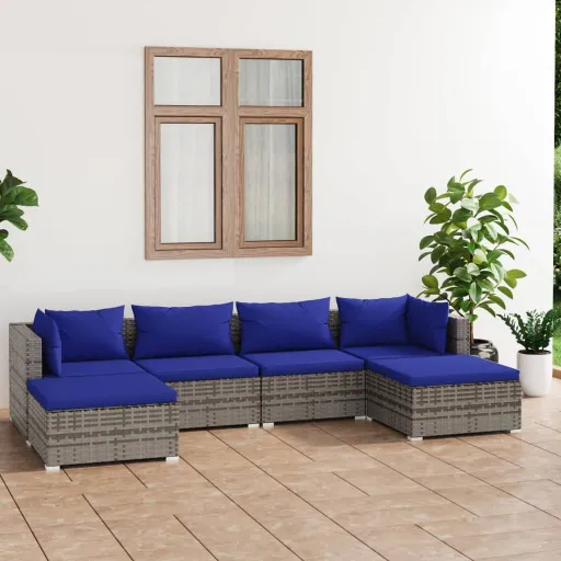 Conjunto Lounge de Jardim c/ Almofadões Vime PE Cinzento (6 pcs)