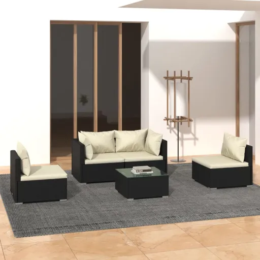 Conjunto Lounge de Jardim c/ Almofadões Vime PE Preto (5 pcs)