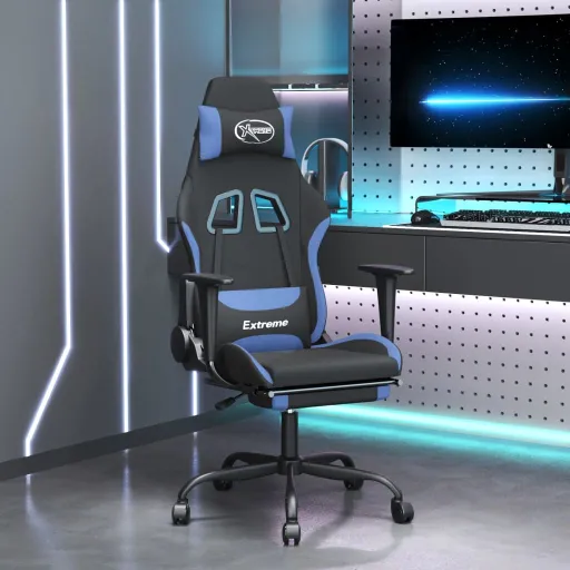 Cadeira de Gaming com Apoio de Pés Tecido Preto e Azul