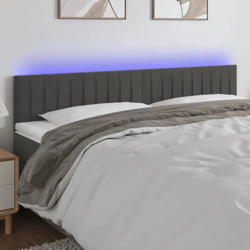 Cabeceira de Cama c/Luzes LED Veludo 200x5x78/88cm Cinza-Escuro