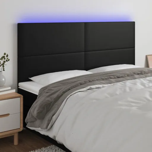 Cabeceira Cama c/ LED Couro Artificial 180x5x118/128 cm Preto