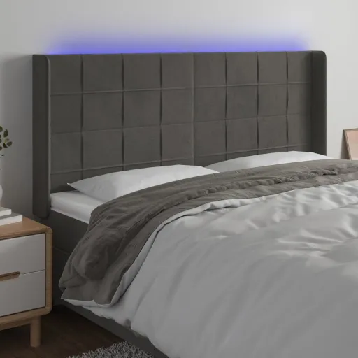 Cabeceira de Cama c/ LED Veludo 183x16x118/128 cm Cinza-Escuro