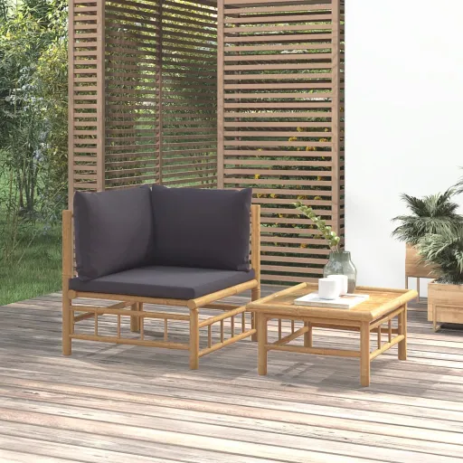 Conj. Lounge de Jardim Bambu c/ Almofadões Cinzento-Escuro (2 pcs)