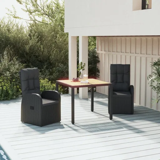 Conjunto de Jantar p/ Jardim c/ Almofadões Vime PE Preto (3 pcs)