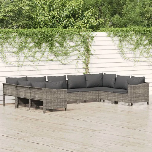 Conjunto Lounge de Jardim c/ Almofadões Vime PE Cinzento (9 pcs)