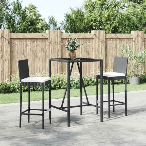 Conjunto de Bar para Jardim c/ Almofadões Vime PE Preto (3 pcs)