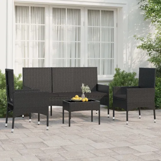 Conjunto Lounge de Jardim c/ Almofadões Vime PE Preto (4 pcs)