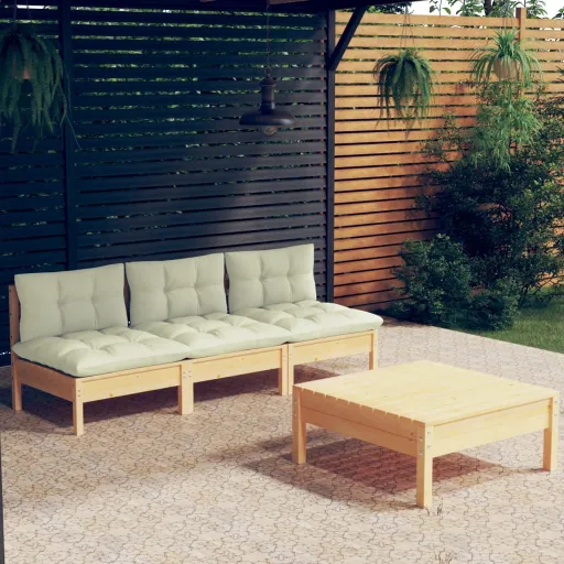 Conjunto Lounge Jardim c/ Almofadões Cor Creme Pinho (4 pcs)