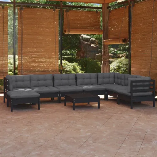 Conjunto Lounge Jardim c/ Almofadões Pinho Maciço Preto (9 pcs)